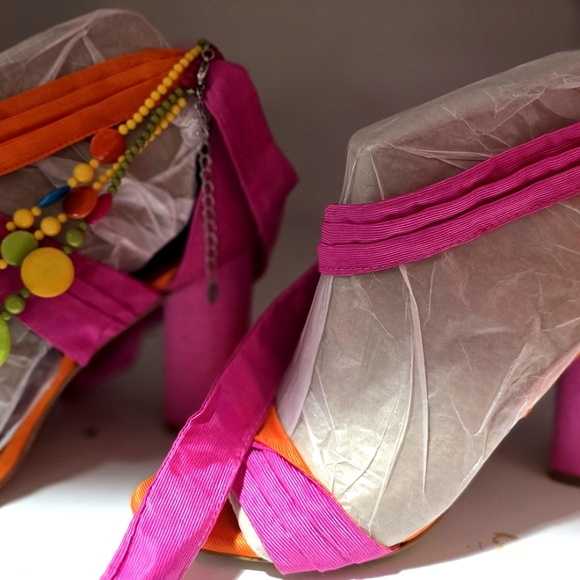 GIANNI BINI ribbon pink orange lace up heels block sexy weekend event 8M. - Picture 4 of 7
